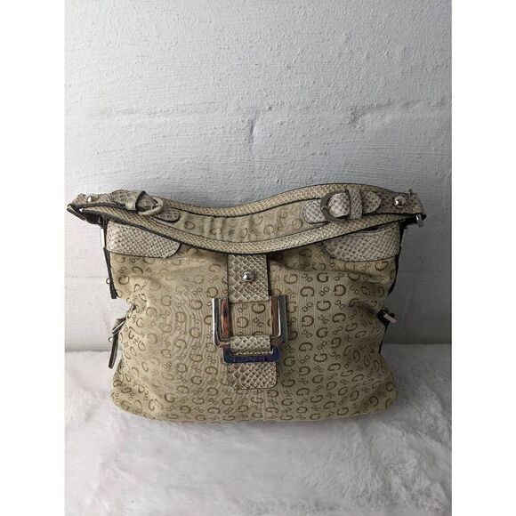 Guess vintage Y2K Beige Monogram Shoulder Purse Fabric Bag W Snake‎ Skin Inserts - Picture 3 of 14